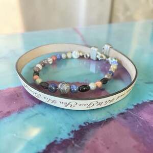 Inspirational Scripture Leather Wrap Bracelet with Multi Gemstone Beaded Strand.
